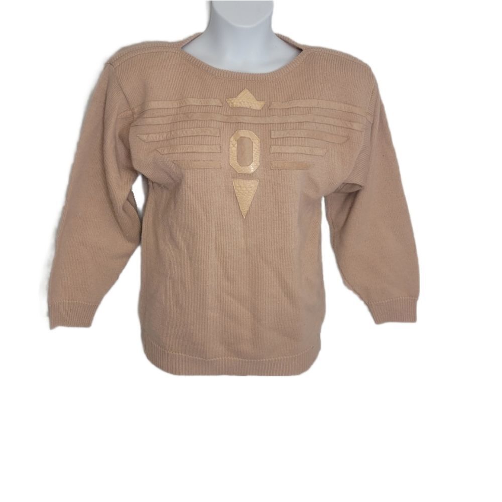 VINTAGE 80s sweater dusty rose wool leather detail Semplice S